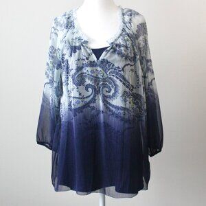Sonoma Blue Paisley Sheer Ruffle Flowy Boho 3/4 Sleeve Peasant Blouse Large